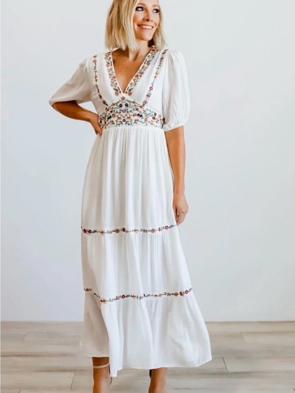 Baltic Born White Maxi Dress with Multicolor Floral Embroidery